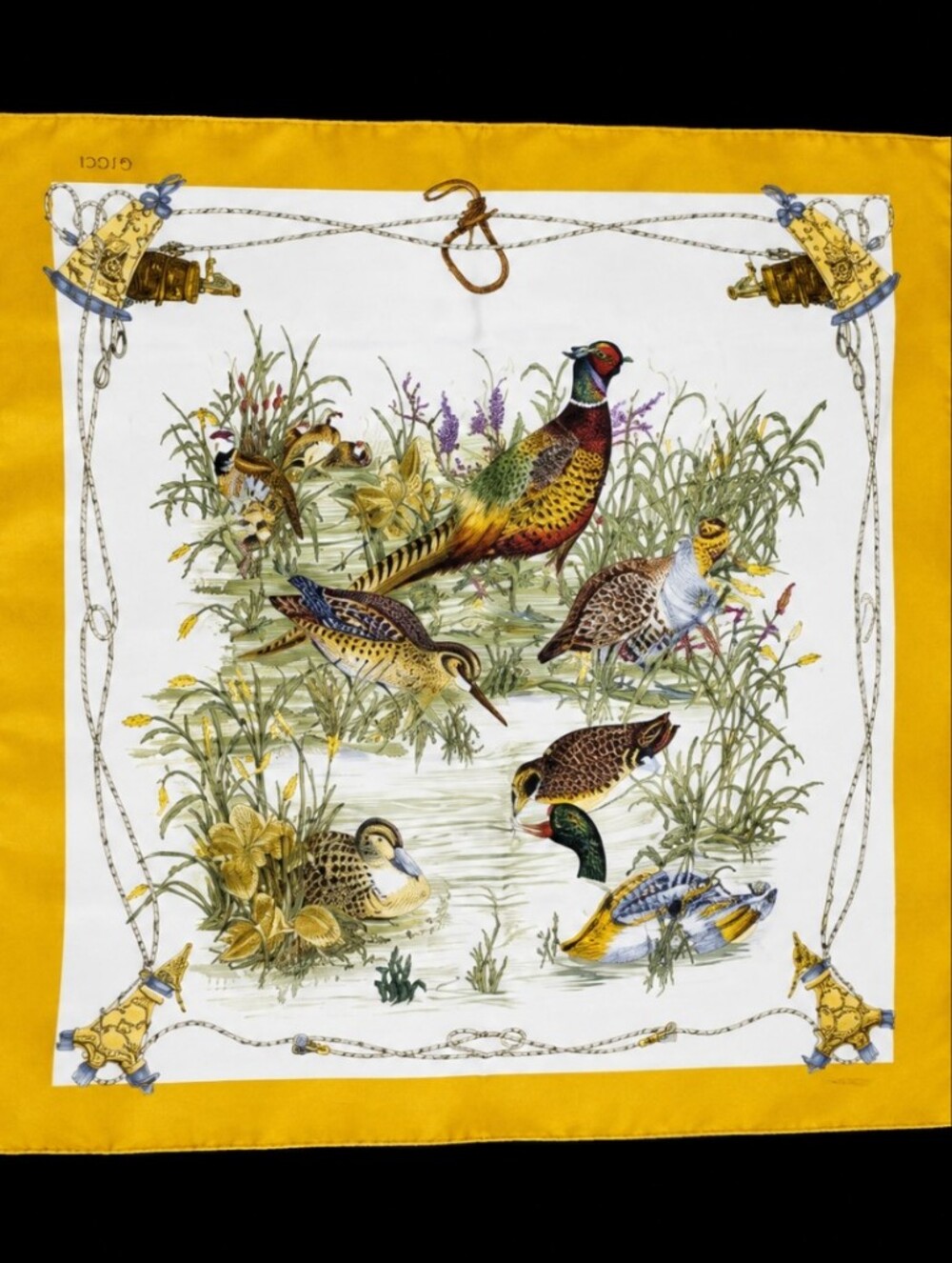 GUCCI Vintage Silk Scarf 34x34 Rare Game Bird Duck Hunting Equestrian Italy